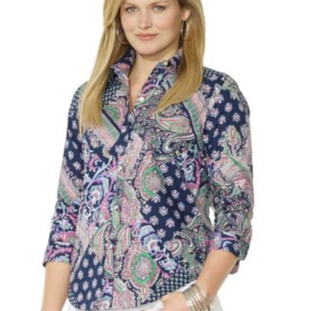 Lauren Ralph Lauren Non Iron Paisley Patchwork 3/4 Sleeve Shirt Size XL